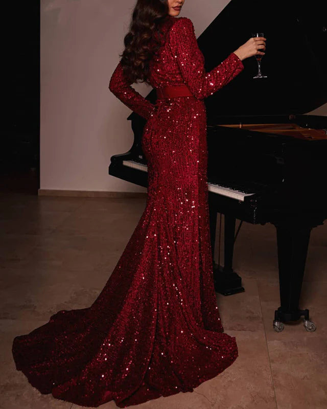 Mermaid Sequins Sleeved Split Prom Dresses